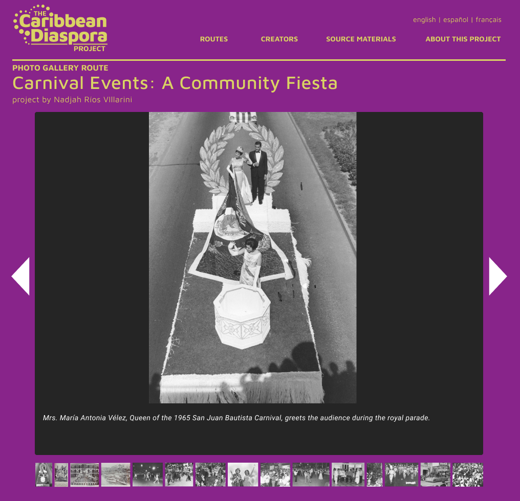 Screenshot of Nadjah Ríos Villarini's "Carnival Events" pilot micro-project as shown in Diaspora Project's Phase 1 Web Design Prototype