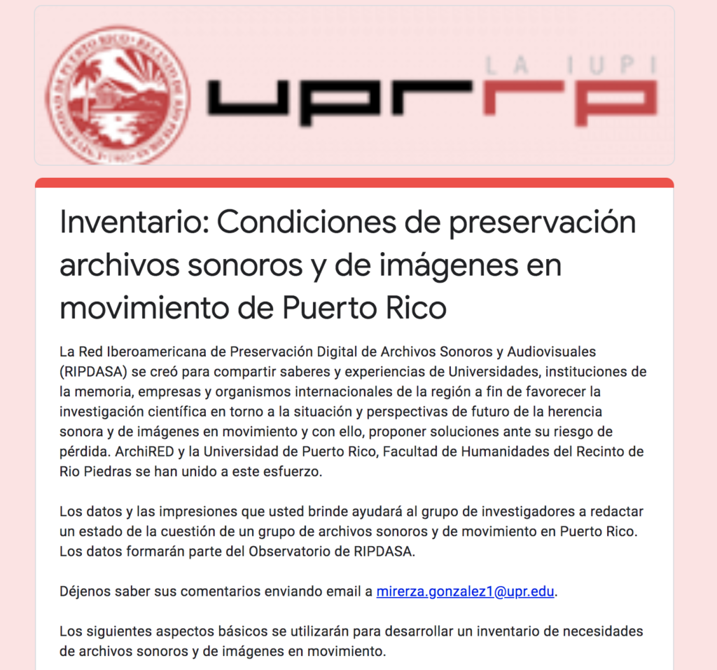 Screenshot of cover page for digital questionnaire developed by UPR-RP to inventory audiovisual archives in Puerto Rico and to assess their preservation conditions.
